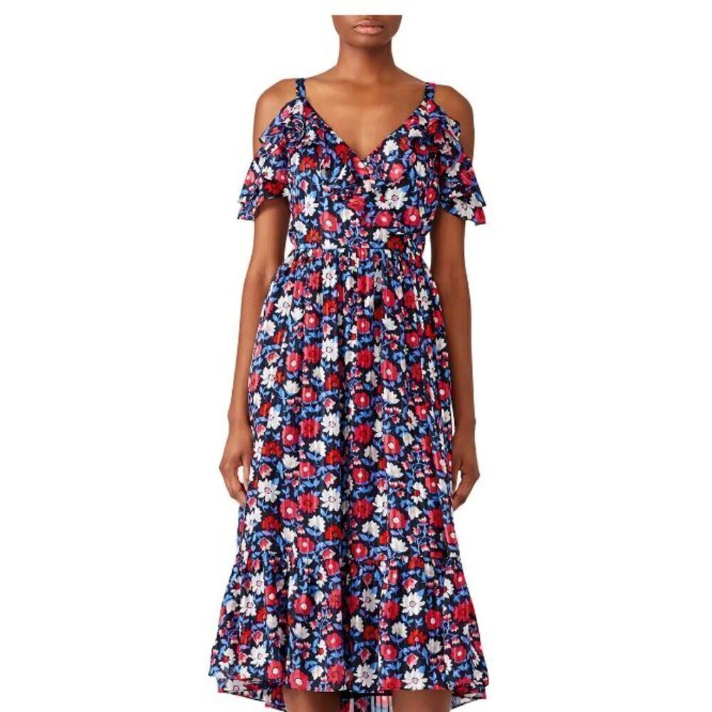Kate Spade 100% Silk Navy Daisy Ruffle Dress Strappy Cold Shoulder Size 14
